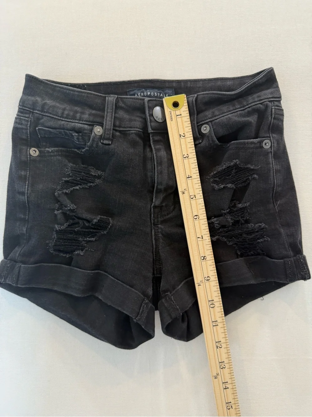 Aeropostale Black Distressed Cuffed Denim Shorts